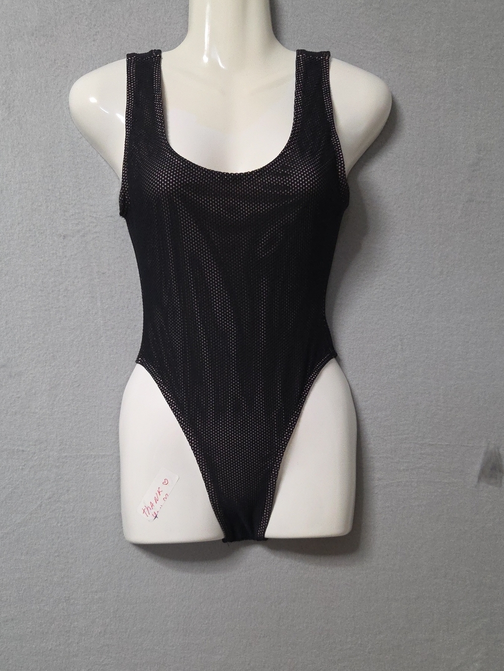 Vintage 90s Andreu Work Out Black Mesh High Cut Bodysuit - Made in USA.